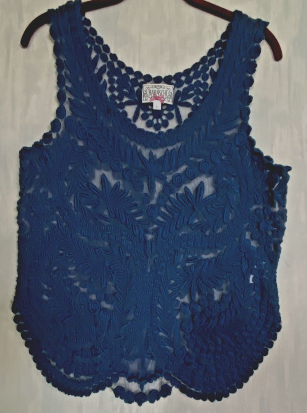 YOANA BARASCHI Anthropologie Embroidered Lace Crochet Tank Top Dark Blue L New